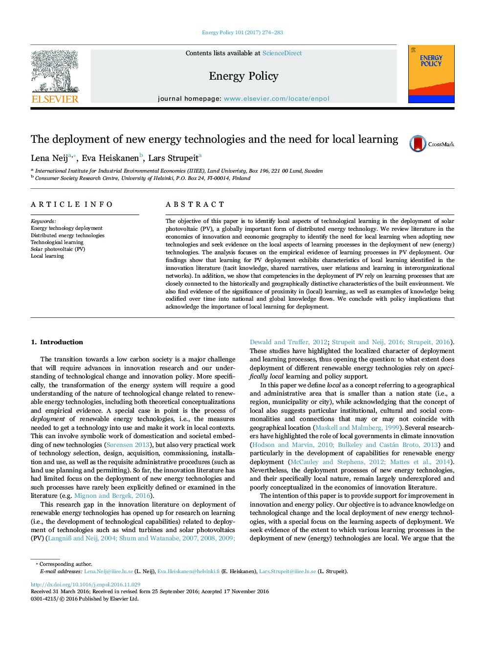 The deployment of new energy technologies and the need for local learning