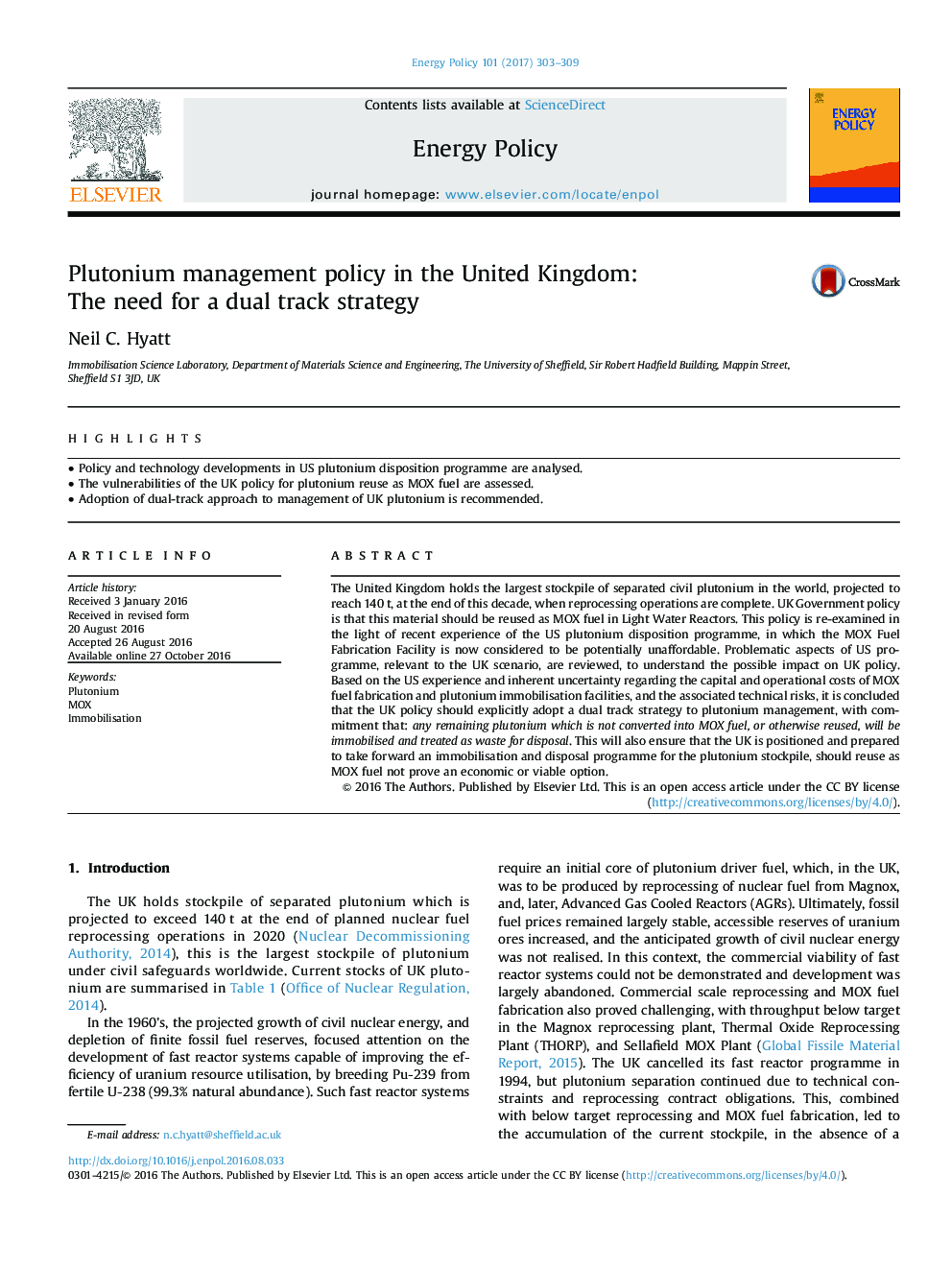 سیاست مدیریت پلوتونیوم در انگلستان: نیاز به یک راهبرد دو طرفه 