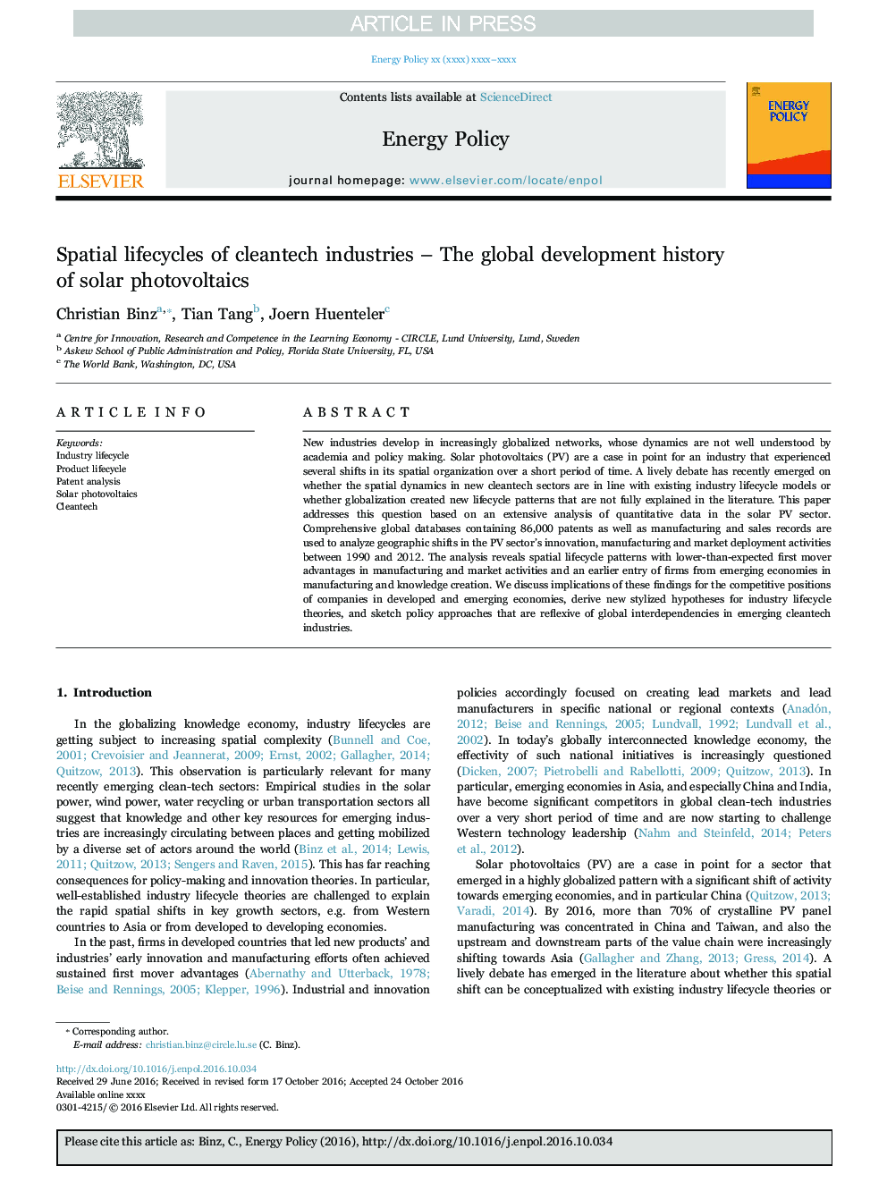 Spatial lifecycles of cleantech industries - The global development history of solar photovoltaics