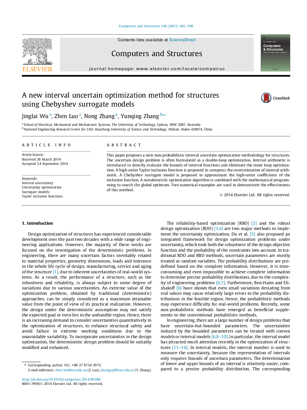 A new interval uncertain optimization method for structures using Chebyshev surrogate models