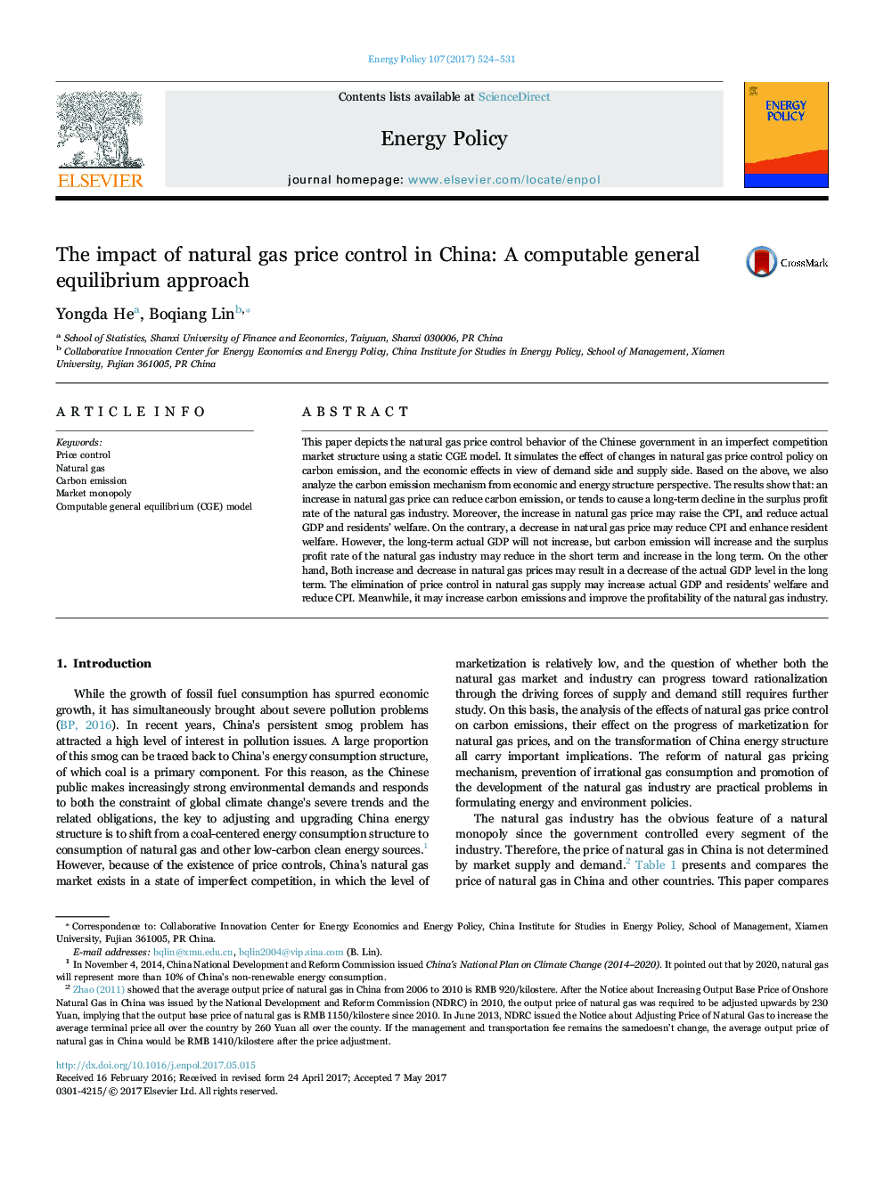 The impact of natural gas price control in China: A computable general equilibrium approach