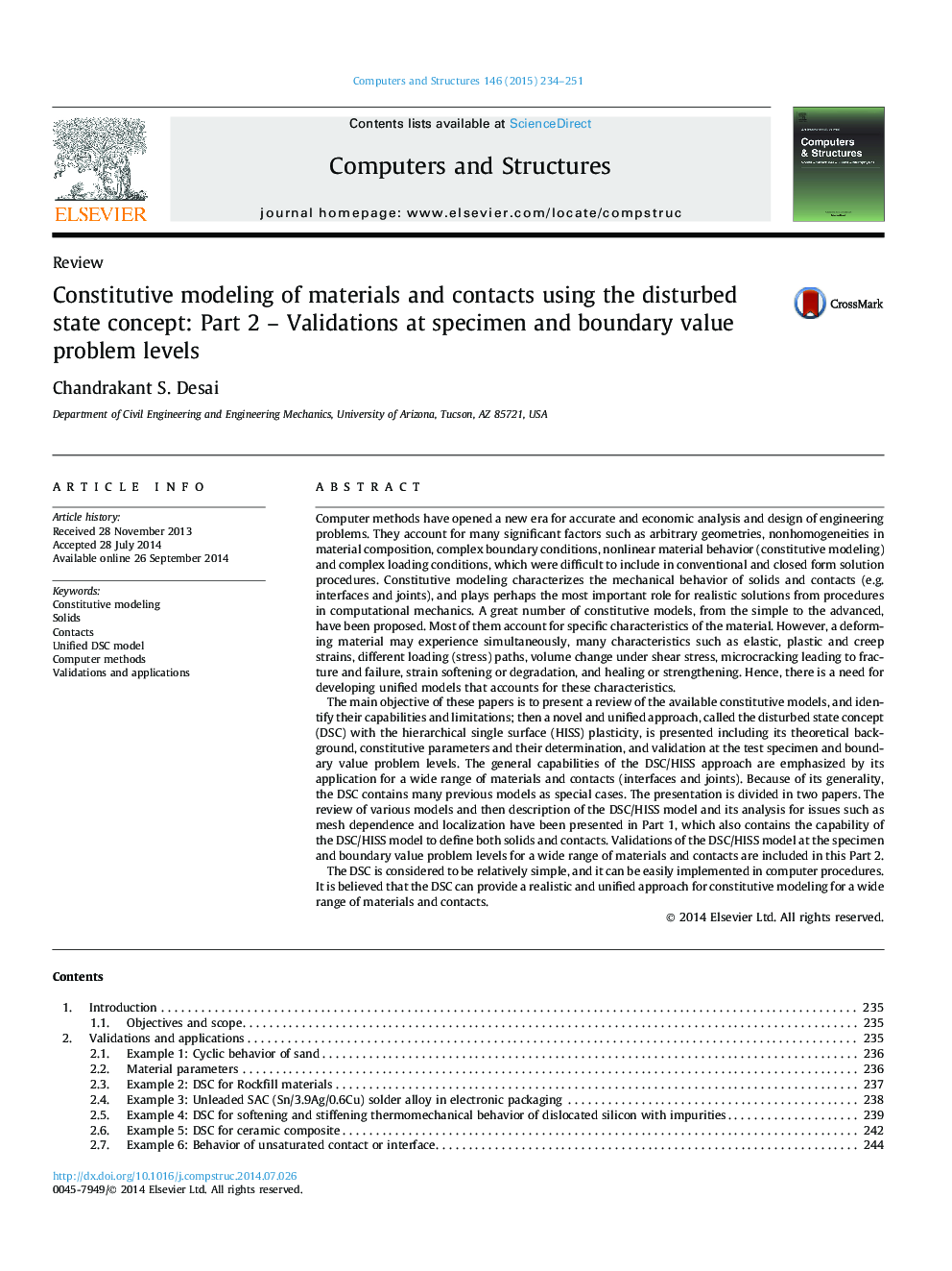 Constitutive modeling of materials and contacts using the disturbed state concept: Part 2 – Validations at specimen and boundary value problem levels