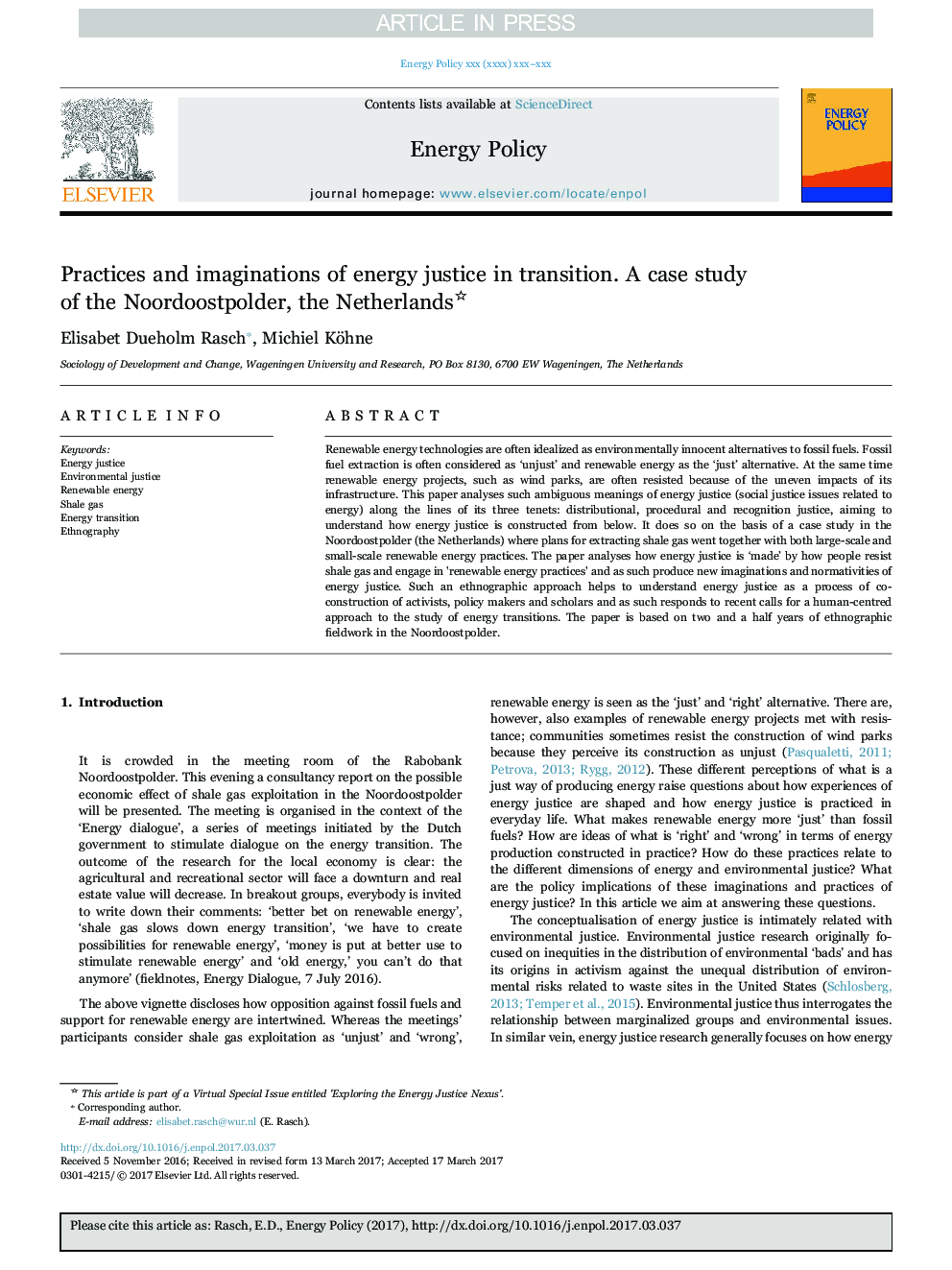 Practices and imaginations of energy justice in transition. A case study of the Noordoostpolder, the Netherlands