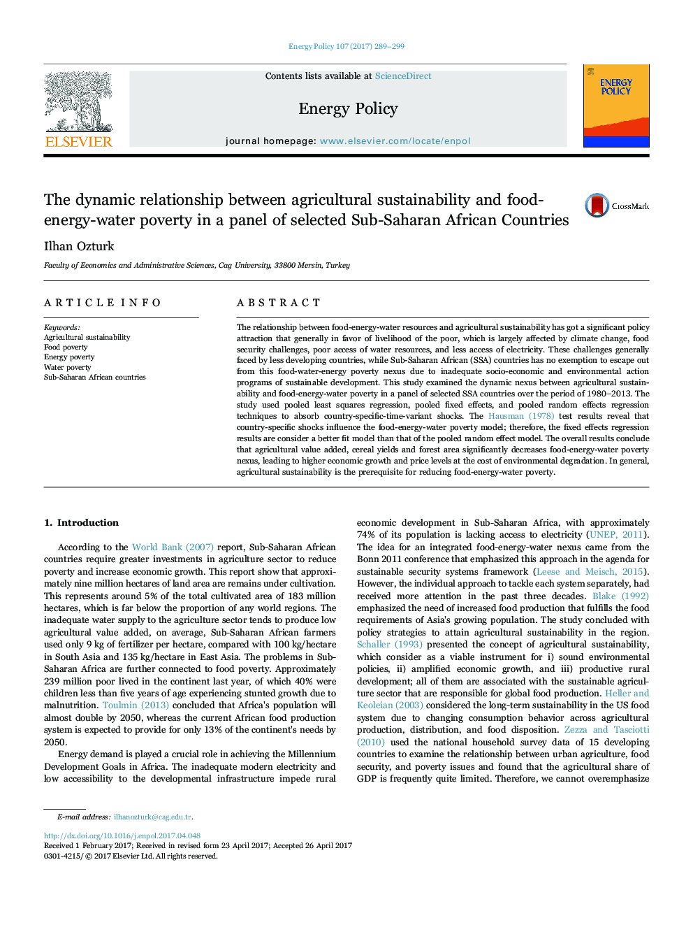 The dynamic relationship between agricultural sustainability and food-energy-water poverty in a panel of selected Sub-Saharan African Countries