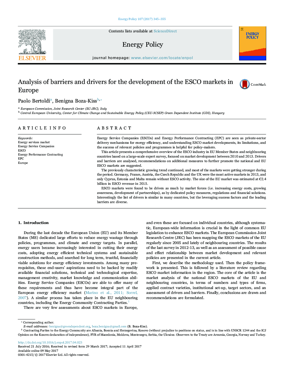 Analysis of barriers and drivers for the development of the ESCO markets in Europe