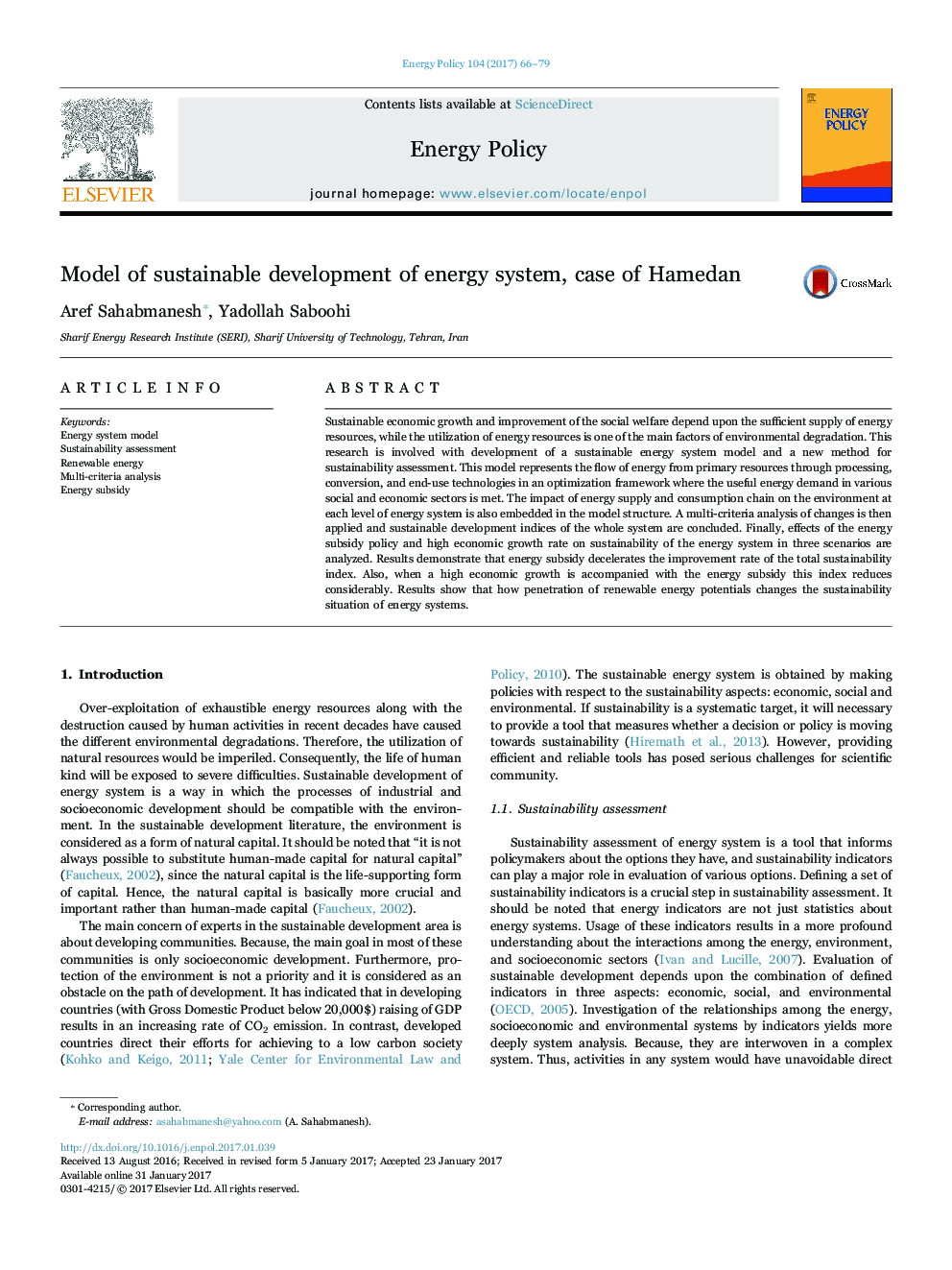 Model of sustainable development of energy system, case of Hamedan