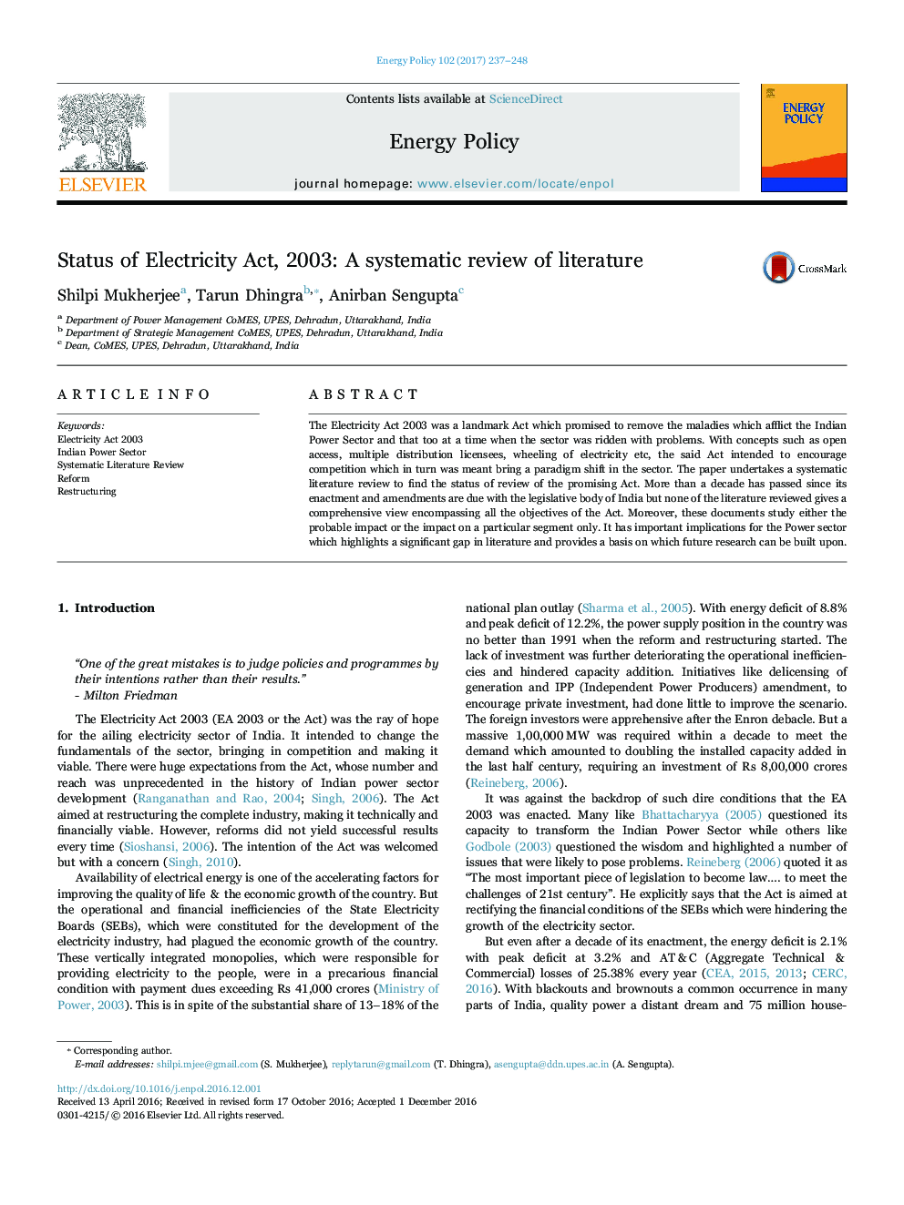 Status of Electricity Act, 2003: A systematic review of literature