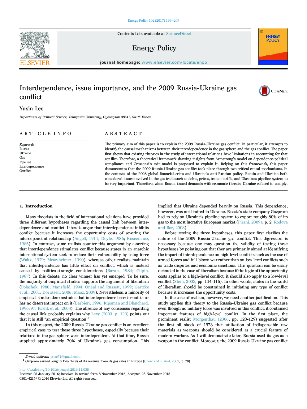 Interdependence, issue importance, and the 2009 Russia-Ukraine gas conflict