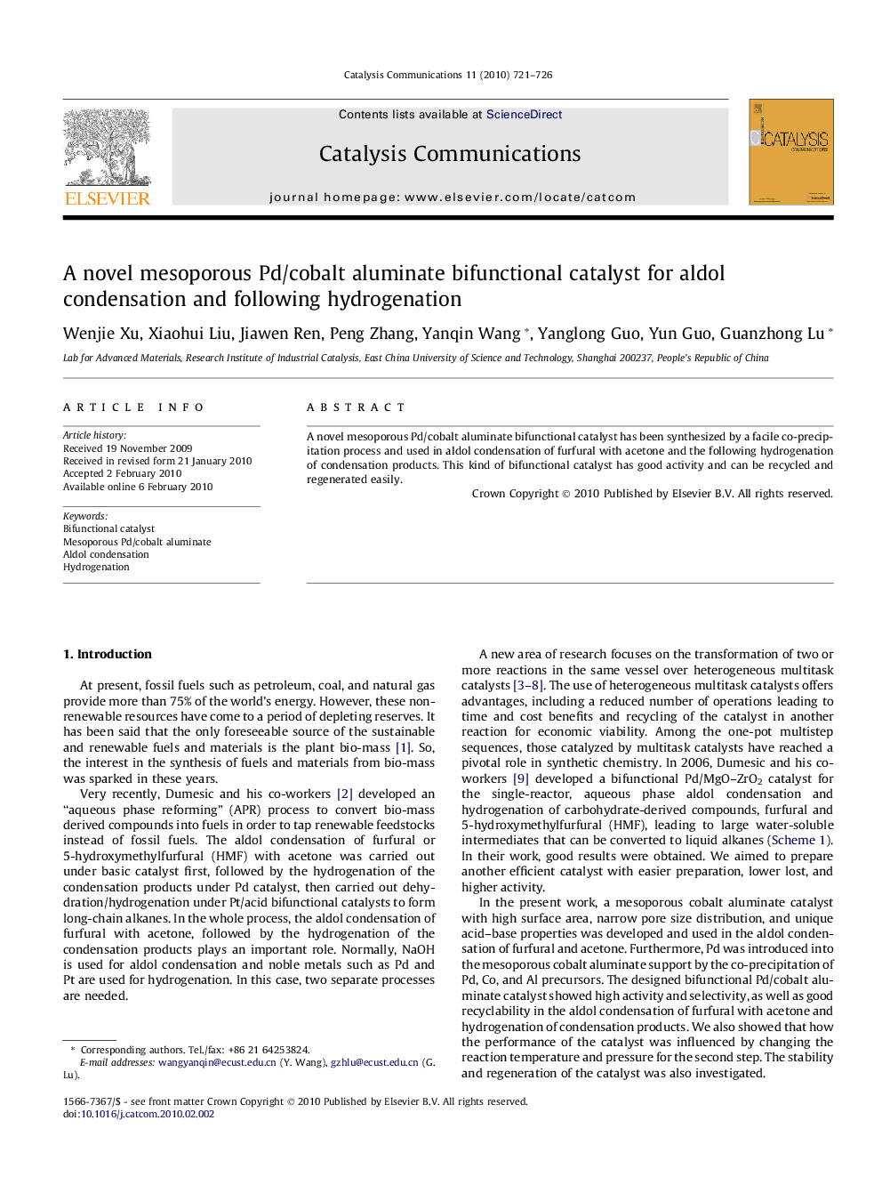 عکس صفحه اول مقاله: A novel mesoporous Pd/cobalt aluminate bifunctional catalyst for aldol condensation and following hydrogenation A novel mesoporous Pd/cobalt aluminate bifunctional catalyst for aldol condensation and following hydrogenation