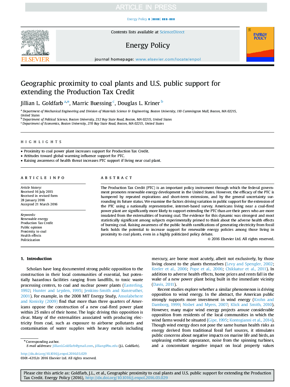 Geographic proximity to coal plants and U.S. public support for extending the Production Tax Credit