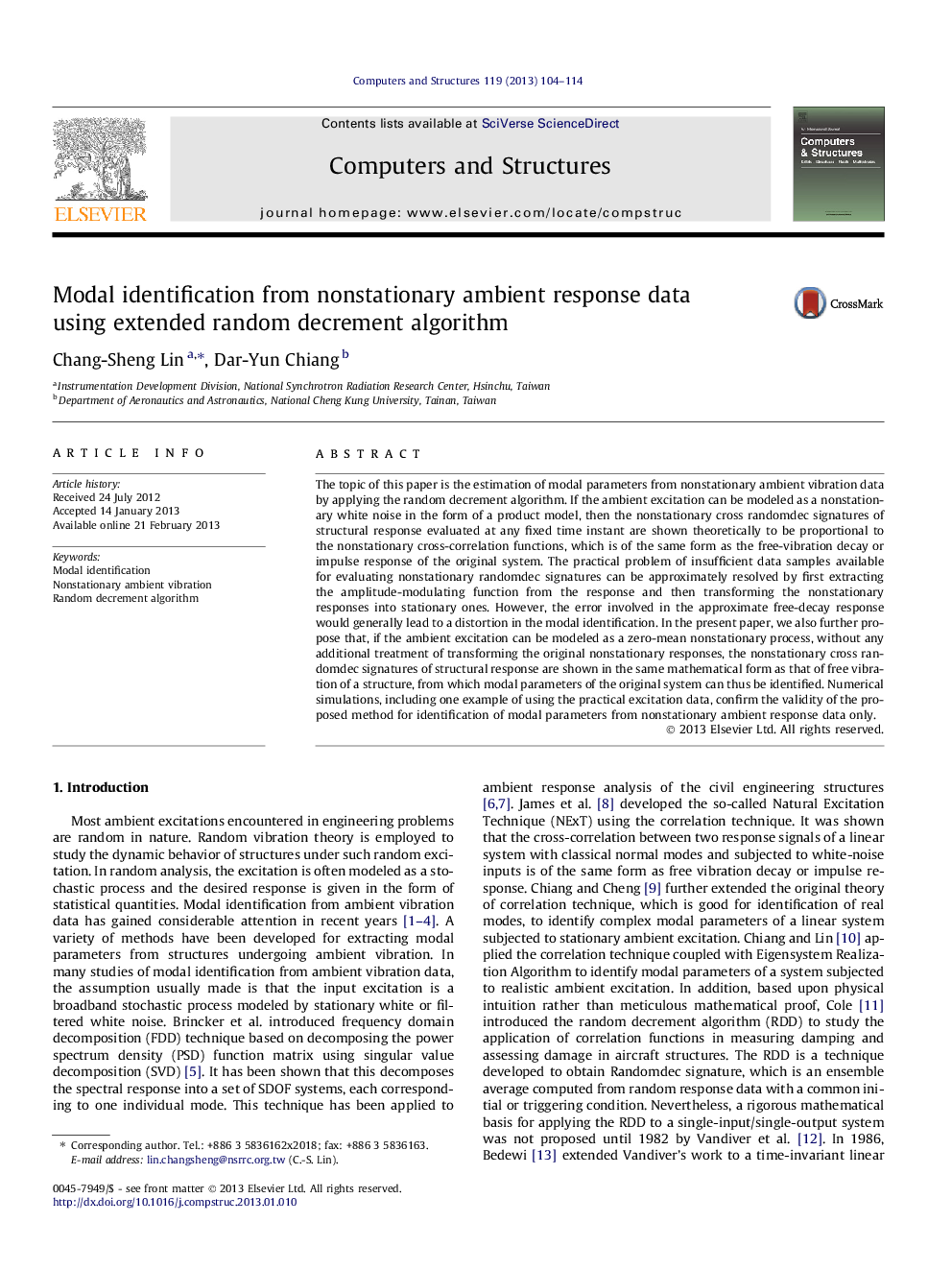 Modal identification from nonstationary ambient response data using extended random decrement algorithm