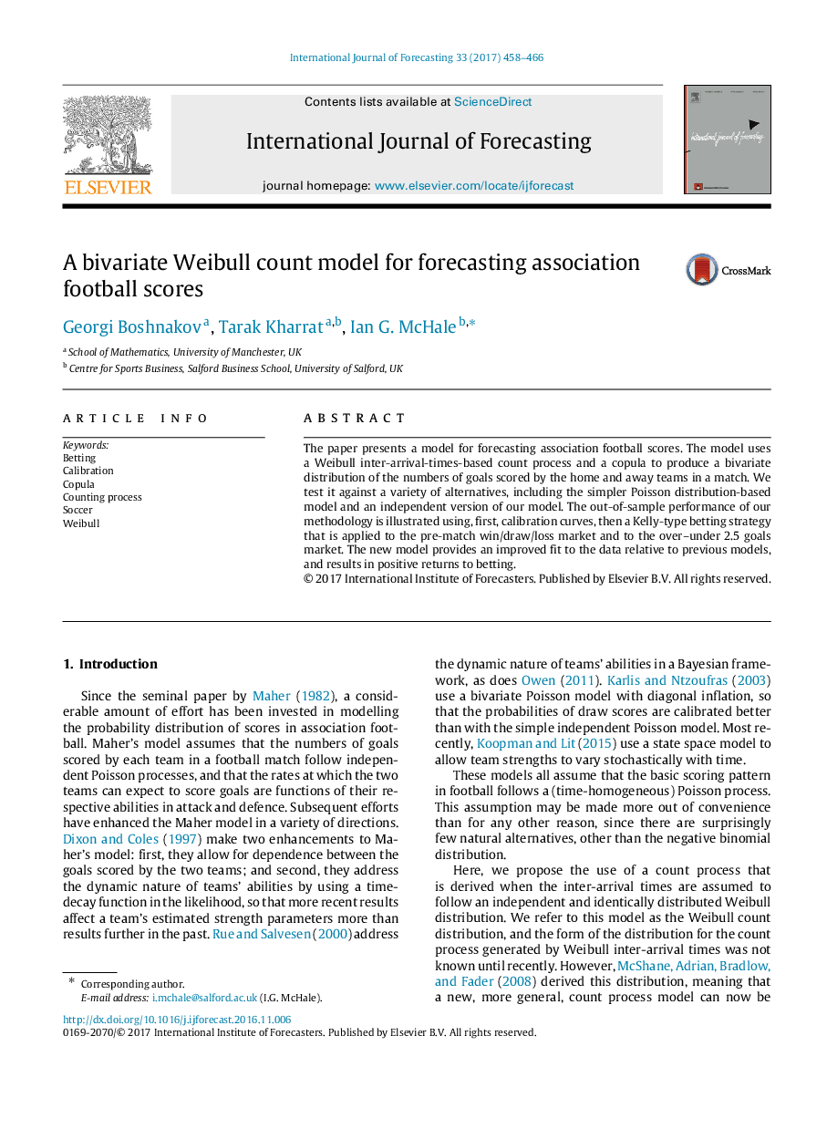 A bivariate Weibull count model for forecasting association football scores