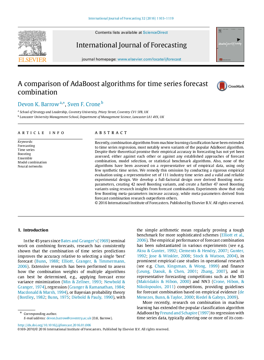 A comparison of AdaBoost algorithms for time series forecast combination