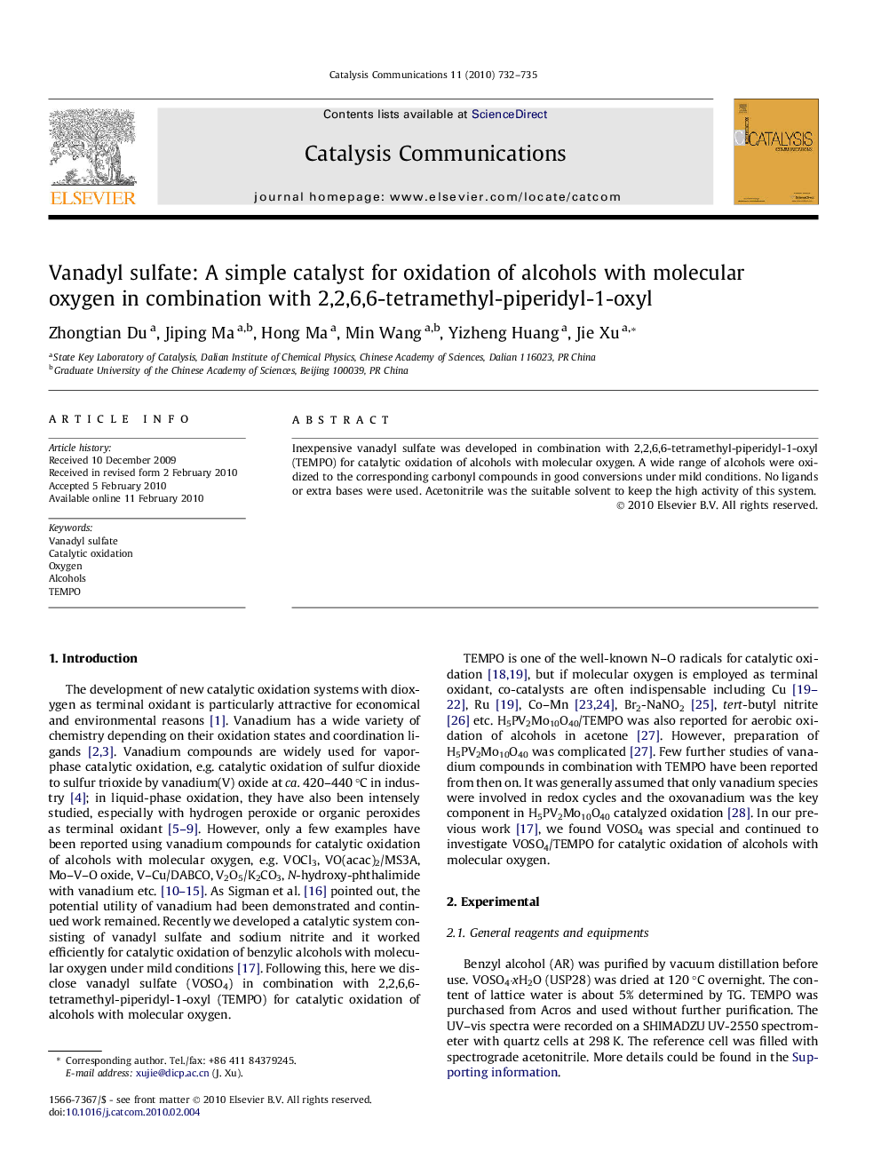 Vanadyl sulfate: A simple catalyst for oxidation of alcohols with molecular oxygen in combination with 2,2,6,6-tetramethyl-piperidyl-1-oxyl