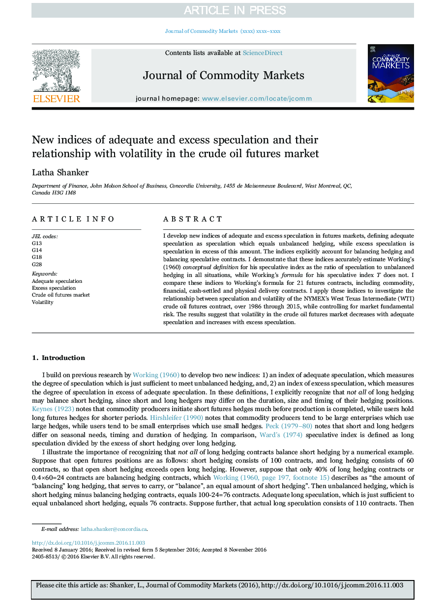 New indices of adequate and excess speculation and their relationship with volatility in the crude oil futures market