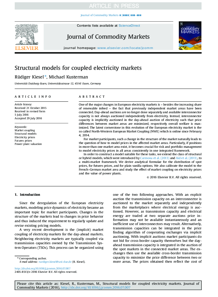 Structural models for coupled electricity markets