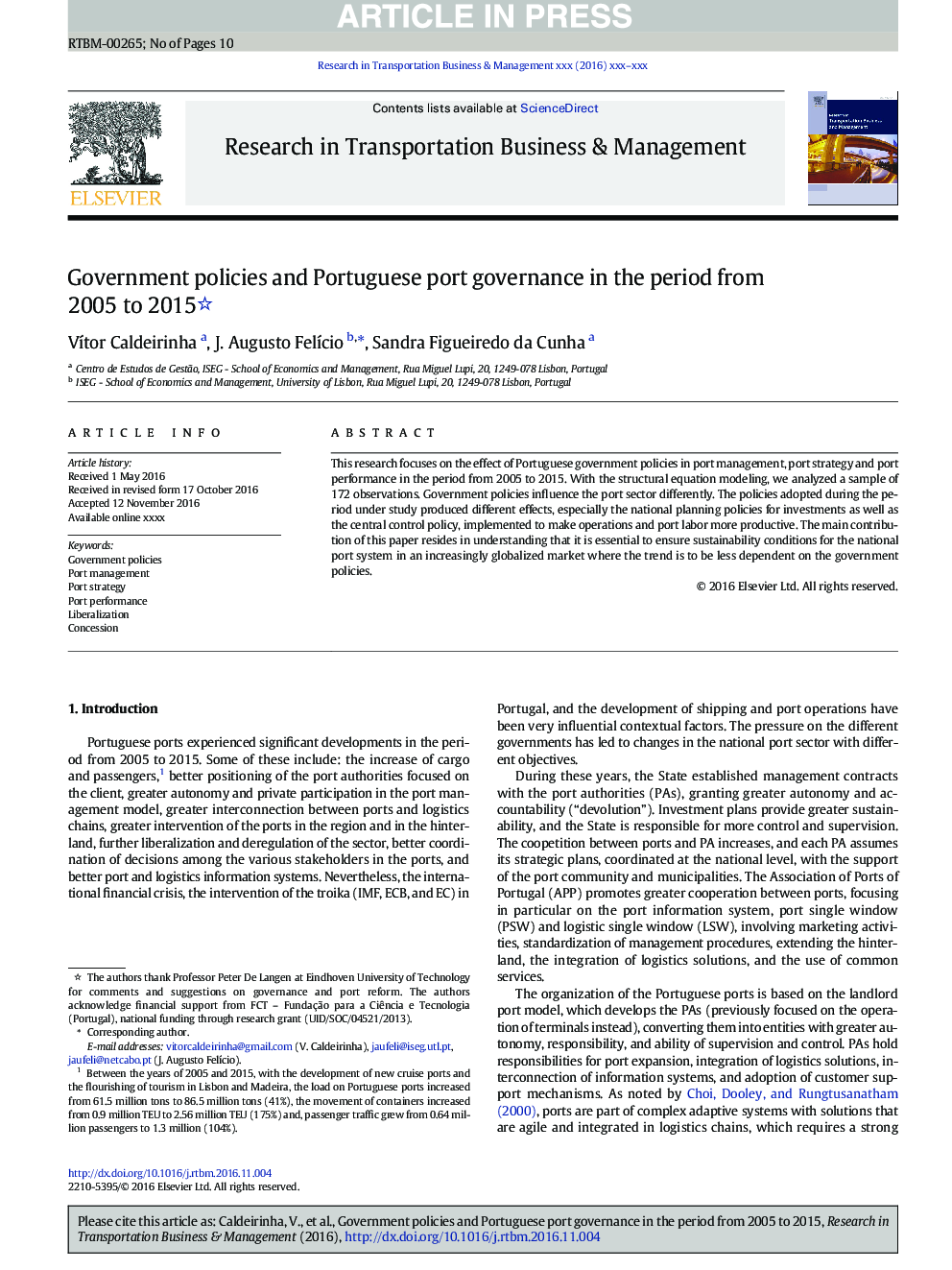 Government policies and Portuguese port governance in the period from 2005 to 2015