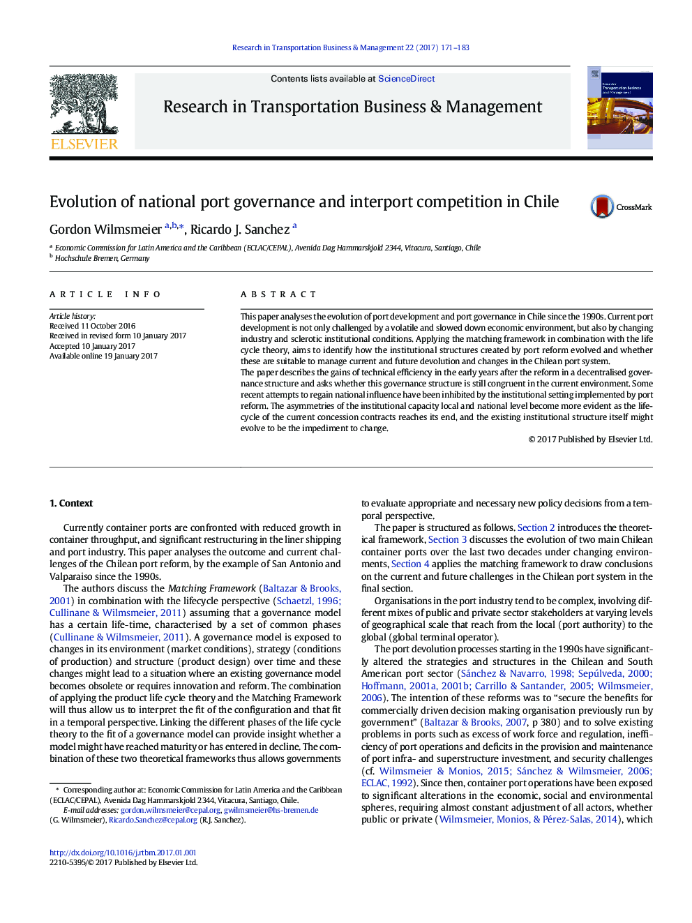 Evolution of national port governance and interport competition in Chile