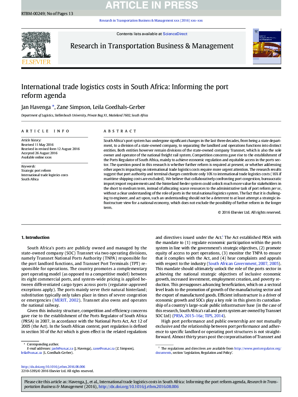 International trade logistics costs in South Africa: Informing the port reform agenda