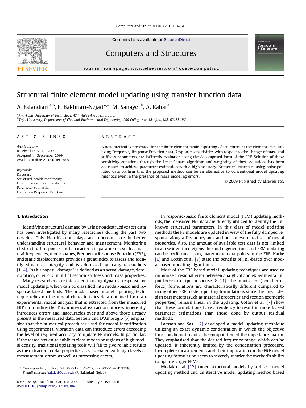 Structural finite element model updating using transfer function data