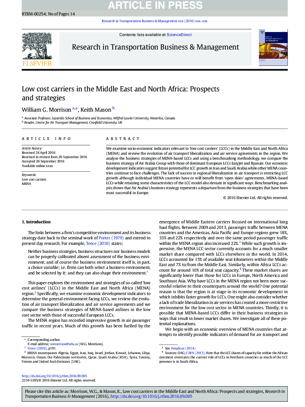 Low cost carriers in the Middle East and North Africa: Prospects and strategies