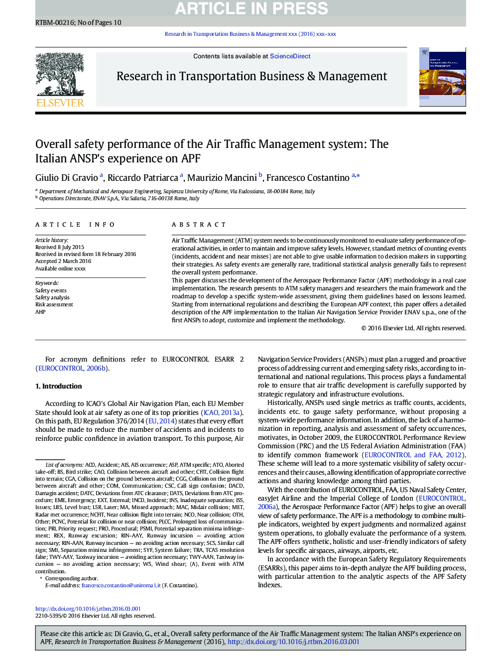 Overall safety performance of the Air Traffic Management system: The Italian ANSP's experience on APF