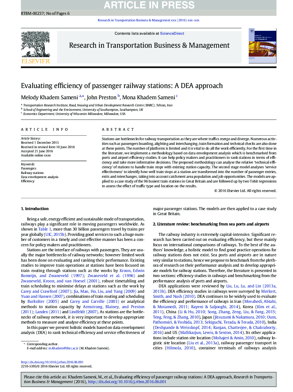 Evaluating efficiency of passenger railway stations: A DEA approach