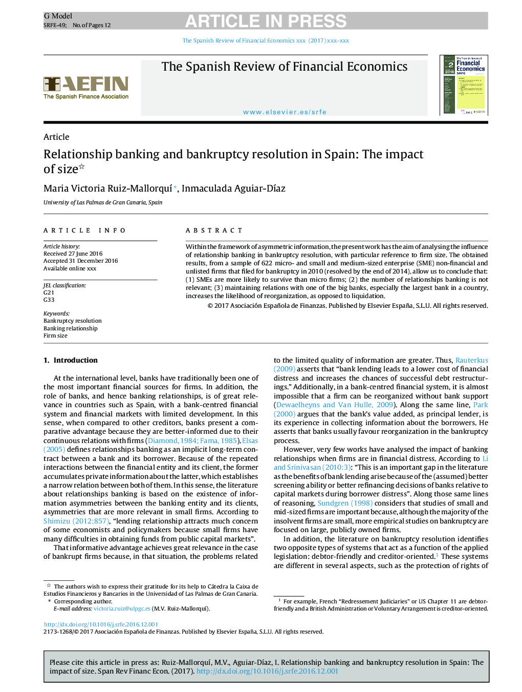 Relationship banking and bankruptcy resolution in Spain: The impact of size