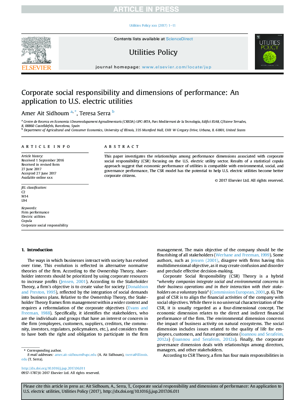 Corporate social responsibility and dimensions of performance: An application to U.S. electric utilities