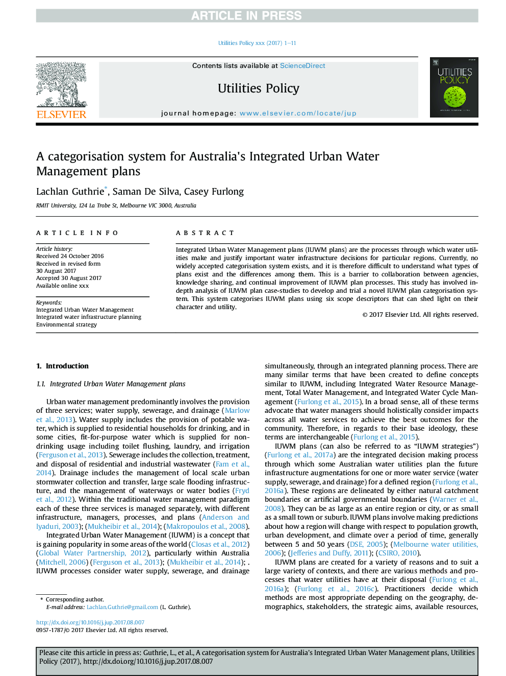 A categorisation system for Australia's Integrated Urban Water Management plans