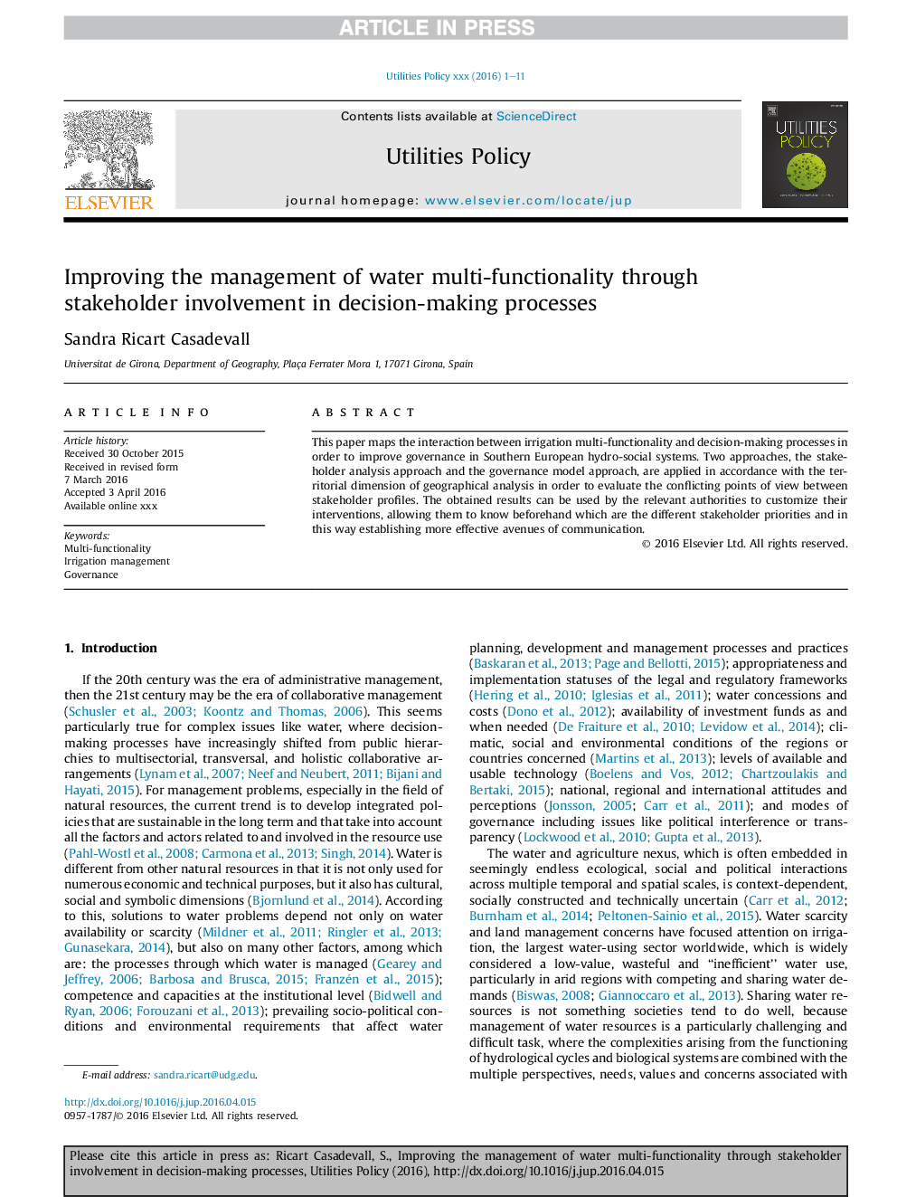 Improving the management of water multi-functionality through stakeholder involvement in decision-making processes