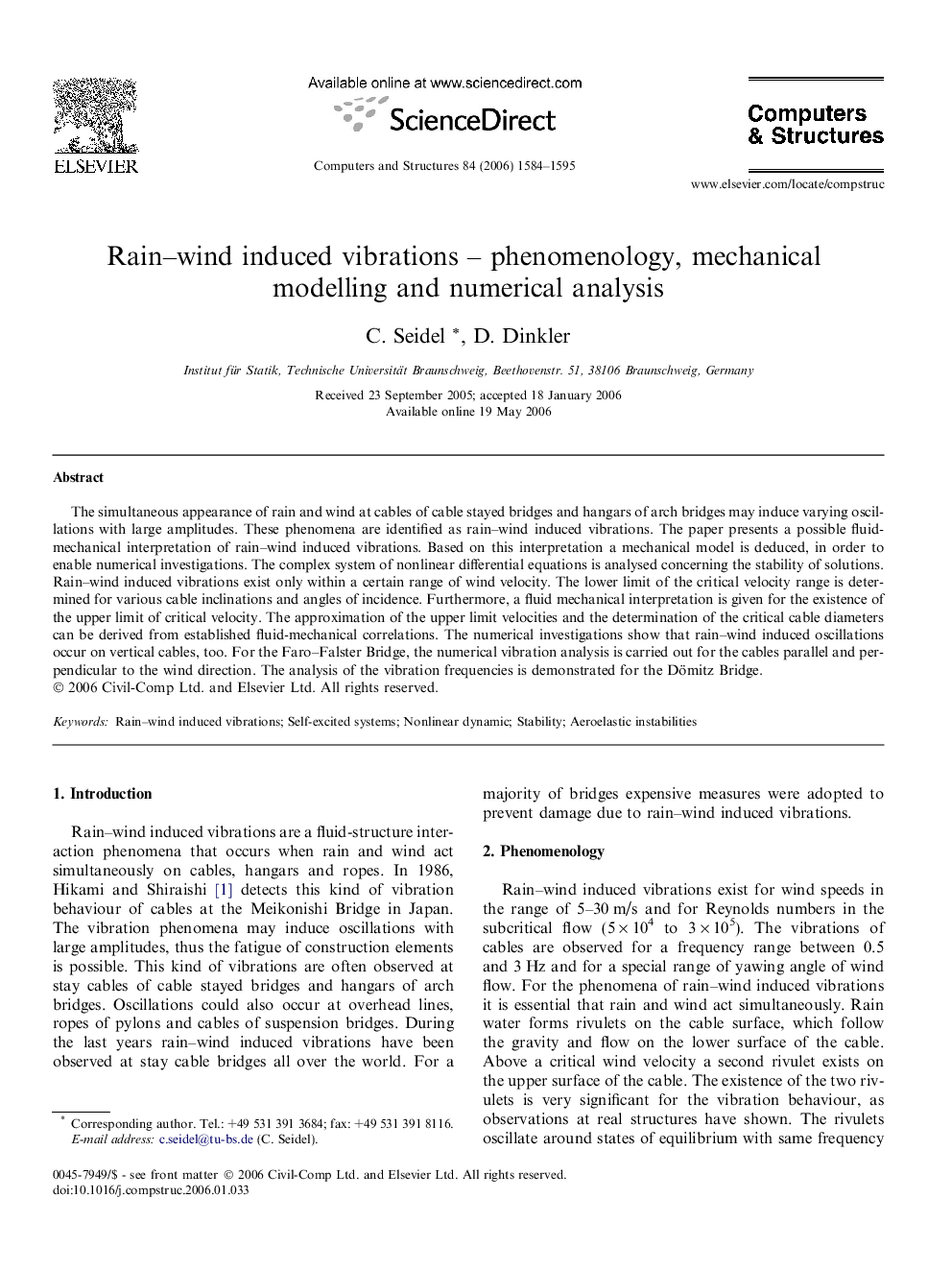 Rain–wind induced vibrations – phenomenology, mechanical modelling and numerical analysis