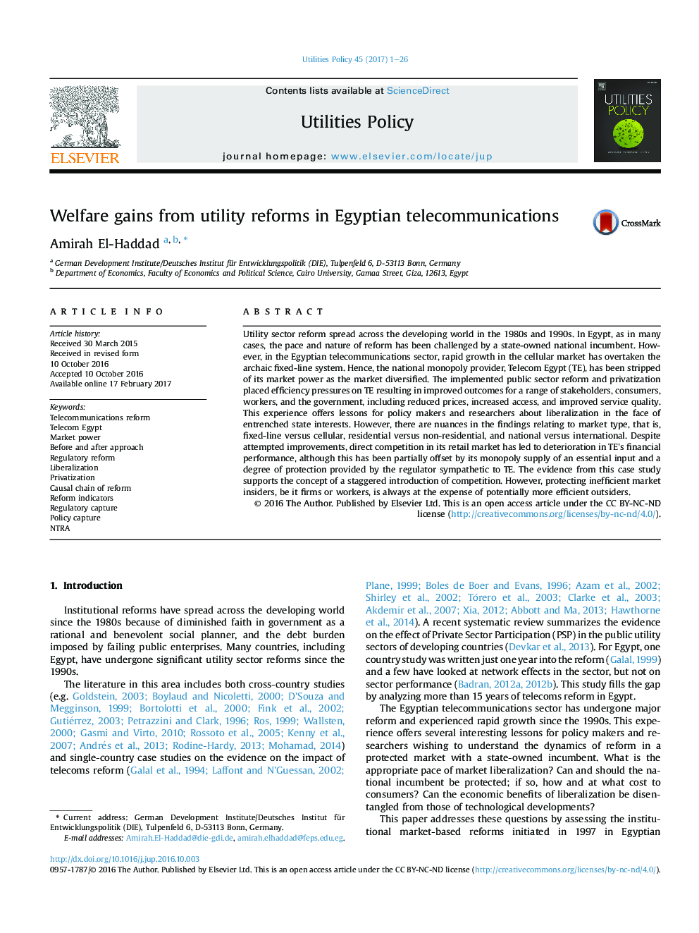 Welfare gains from utility reforms in Egyptian telecommunications