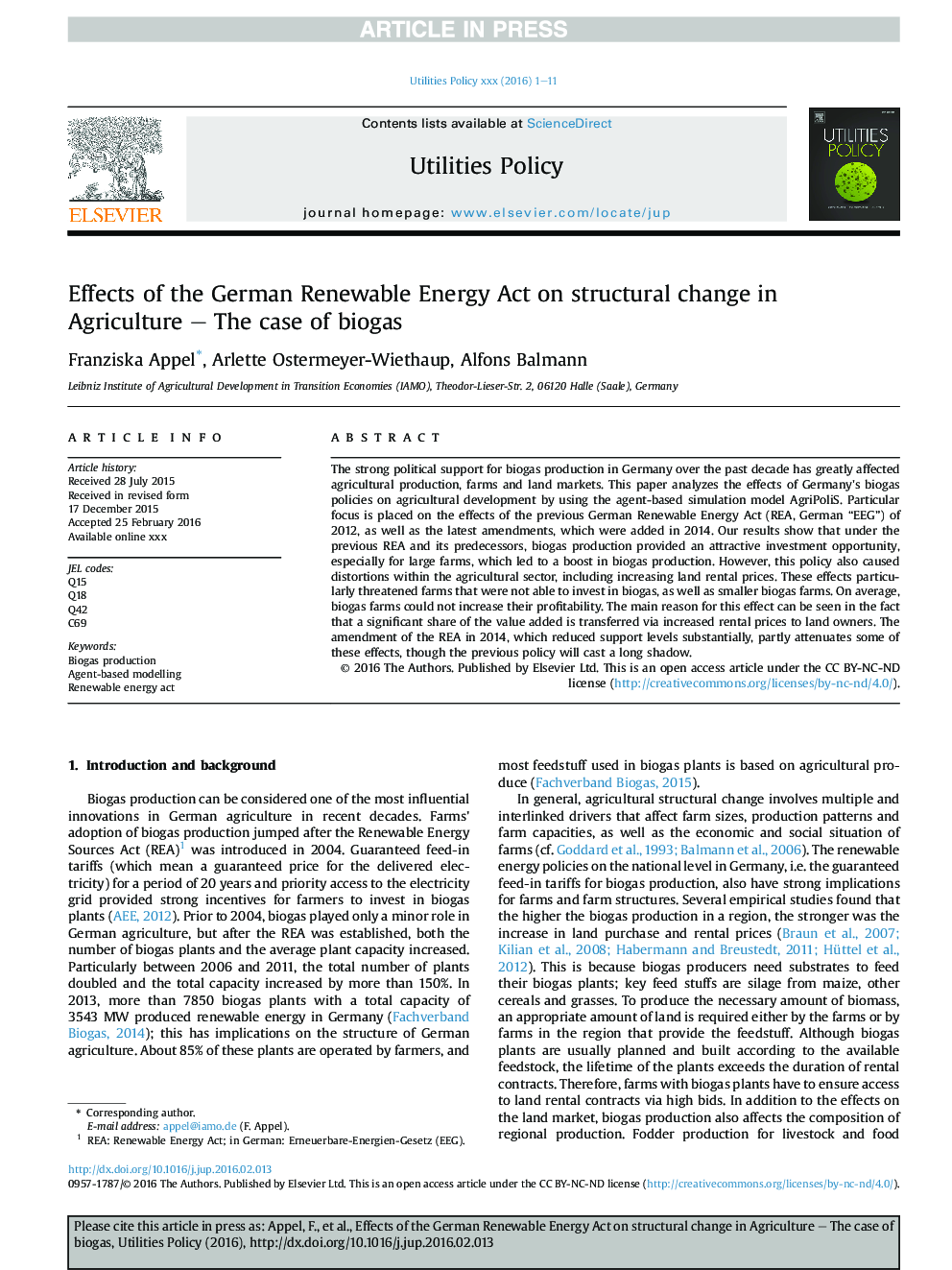 Effects of the German Renewable Energy Act on structural change in agriculture - The case of biogas