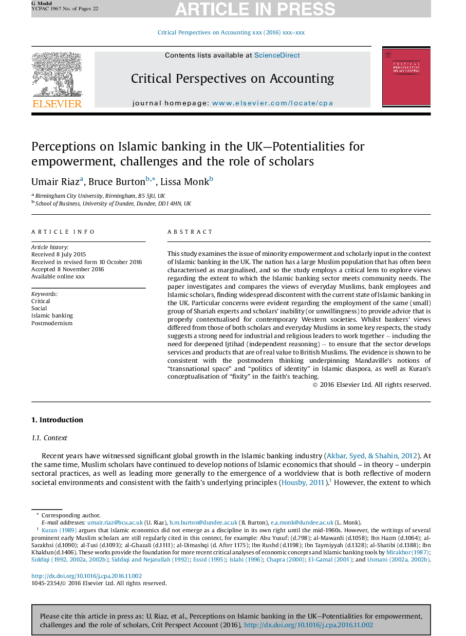 Perceptions on Islamic banking in the UK-Potentialities for empowerment, challenges and the role of scholars