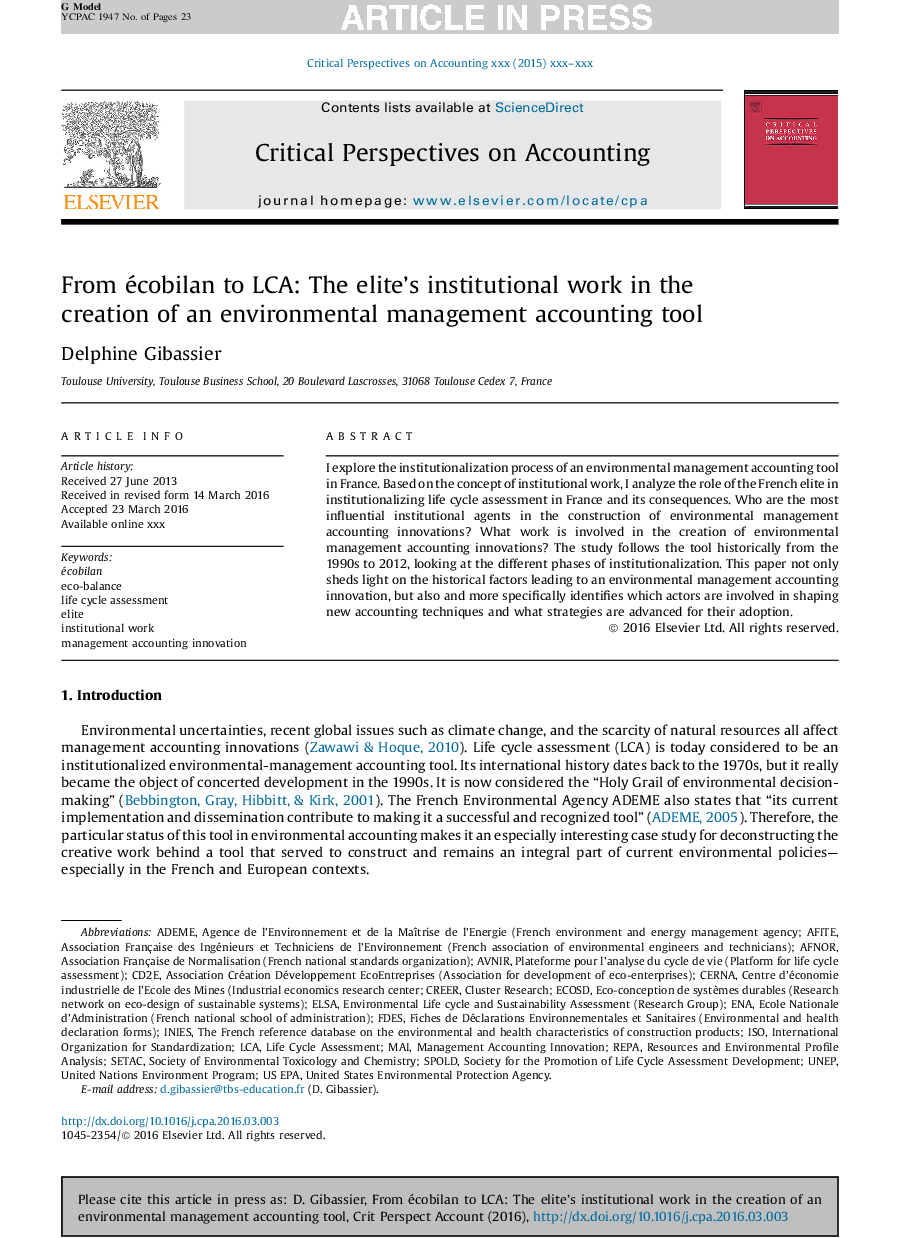 From écobilan to LCA: The elite's institutional work in the creation of an environmental management accounting tool