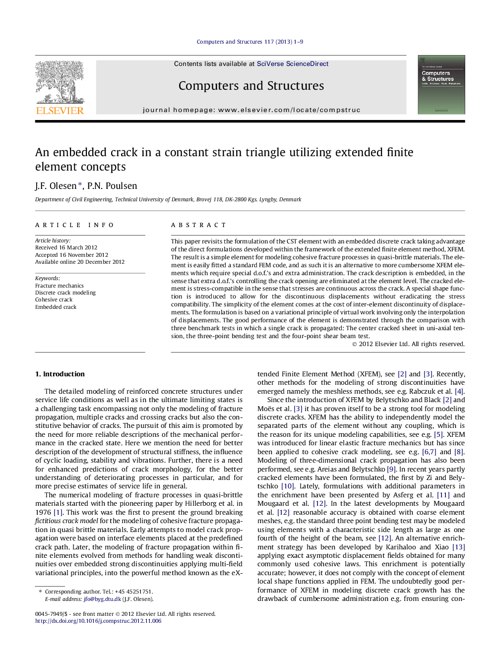 An embedded crack in a constant strain triangle utilizing extended finite element concepts