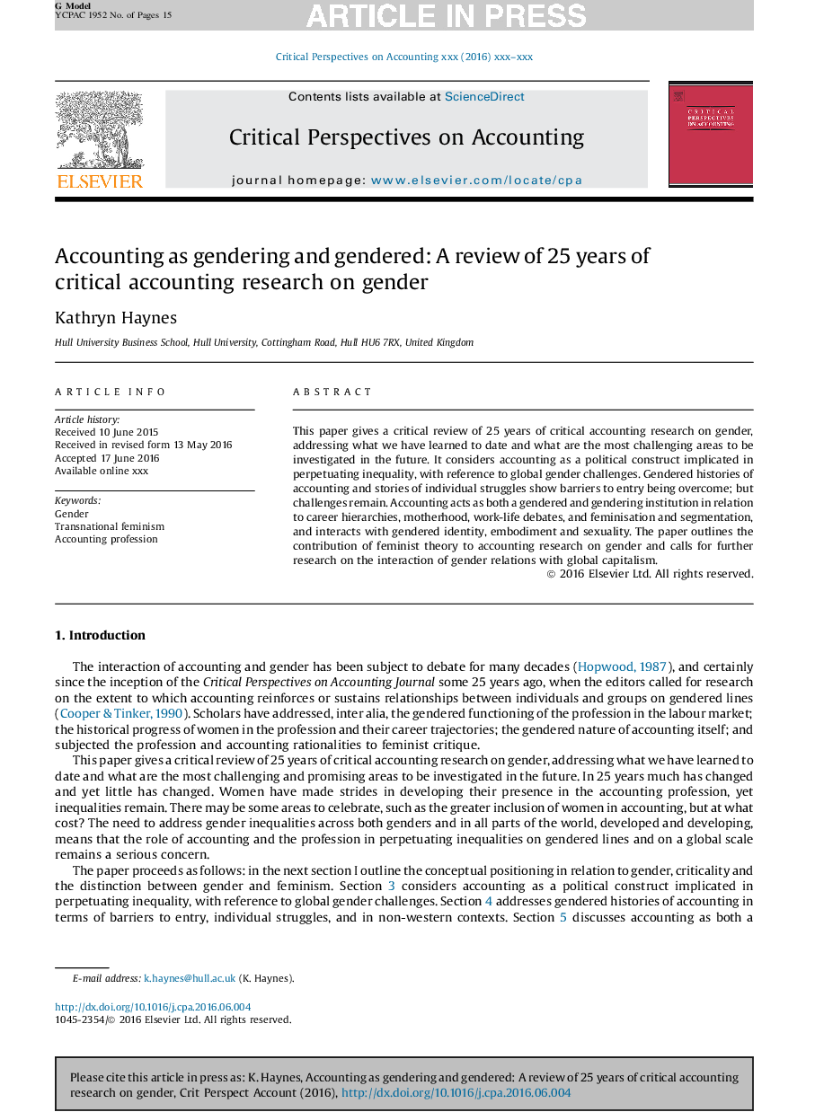 Accounting as gendering and gendered: A review of 25 years of critical accounting research on gender