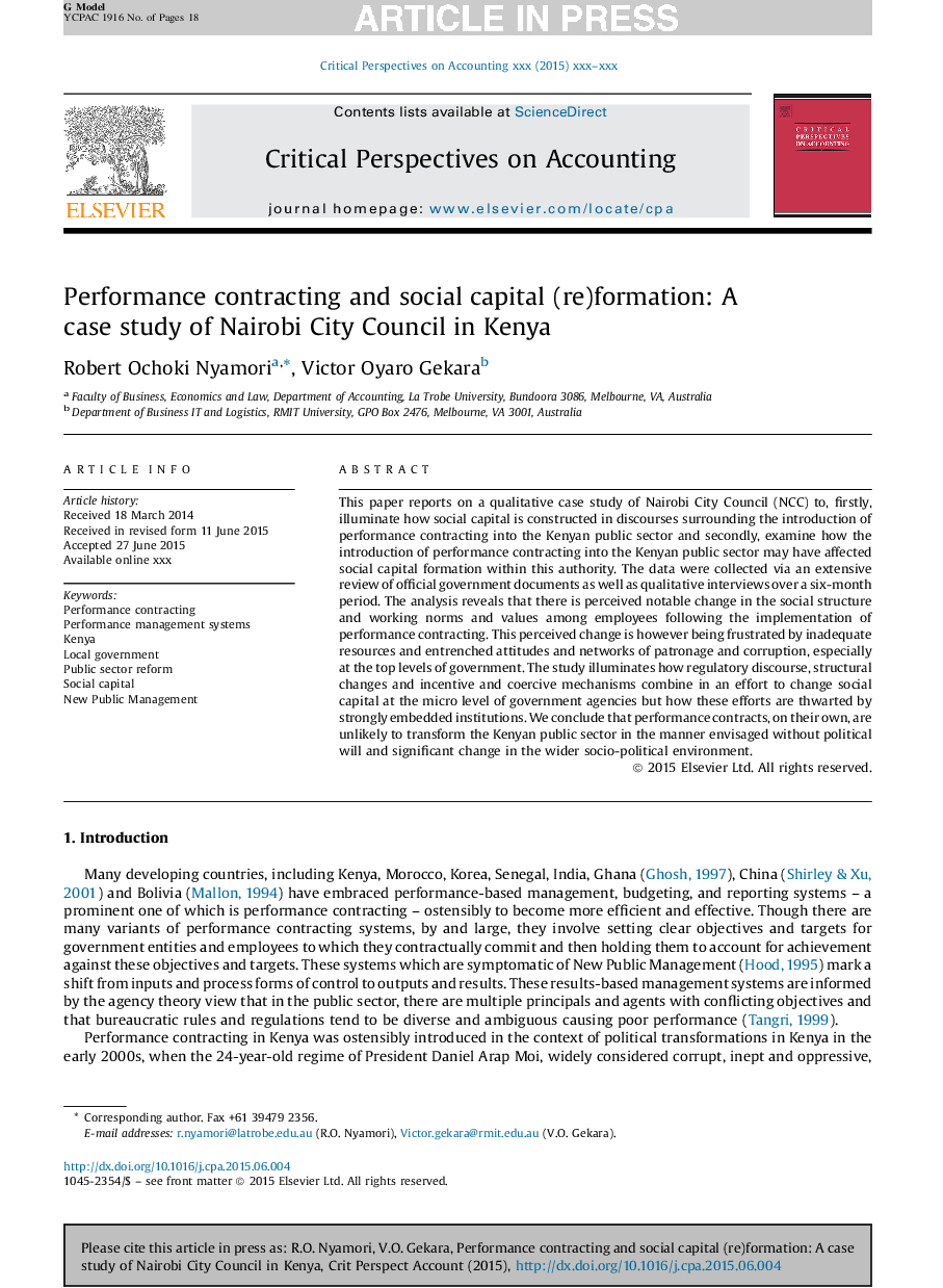 Performance contracting and social capital (re)formation: A case study of Nairobi City Council in Kenya