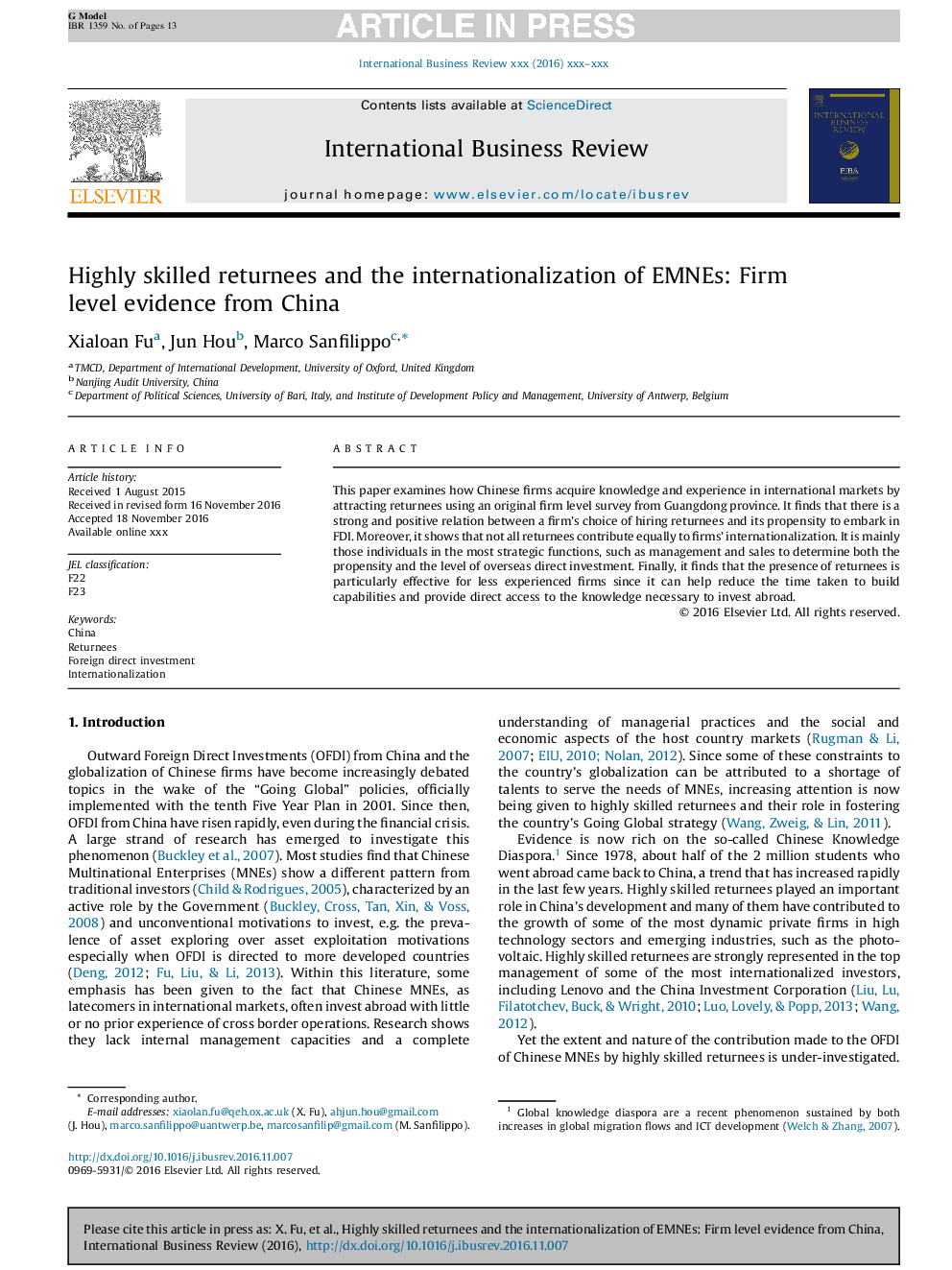 Highly skilled returnees and the internationalization of EMNEs: Firm level evidence from China