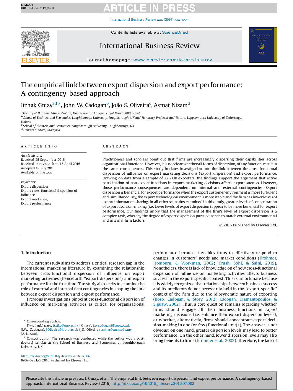 The empirical link between export dispersion and export performance: A contingency-based approach