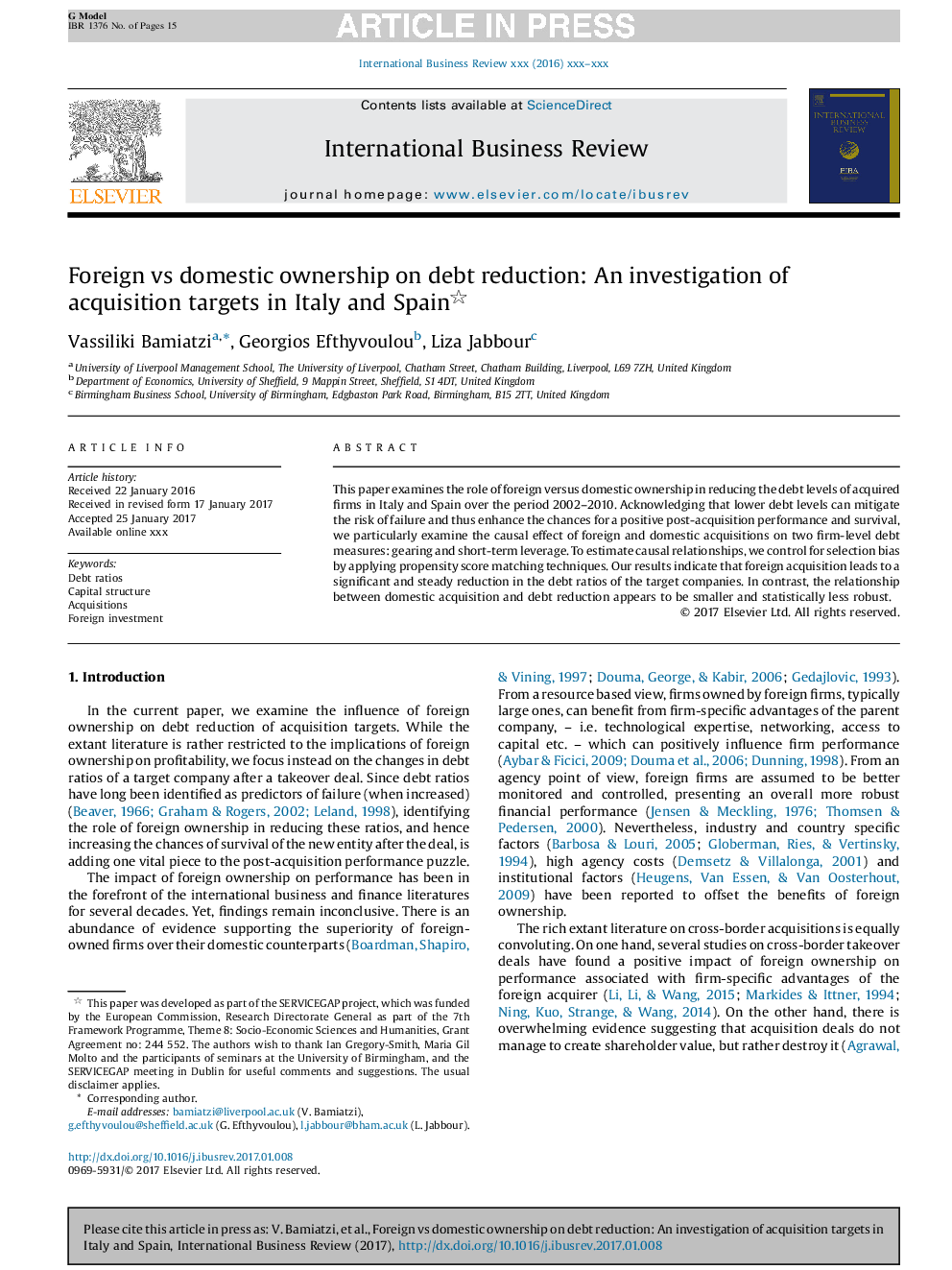 Foreign vs domestic ownership on debt reduction: An investigation of acquisition targets in Italy and Spain