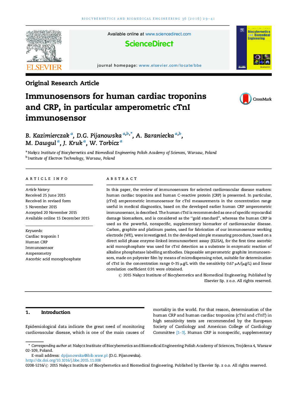 Immunosensors for human cardiac troponins and CRP, in particular amperometric cTnI immunosensor