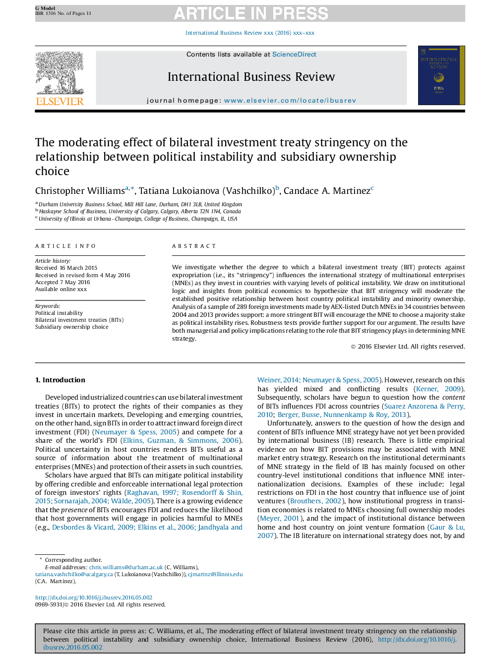 The moderating effect of bilateral investment treaty stringency on the relationship between political instability and subsidiary ownership choice