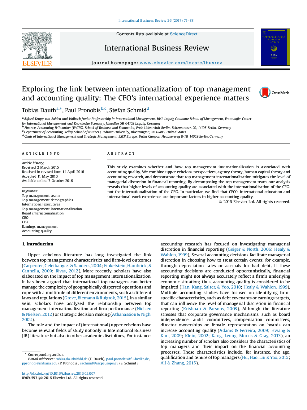 Exploring the link between internationalization of top management and accounting quality: The CFO's international experience matters