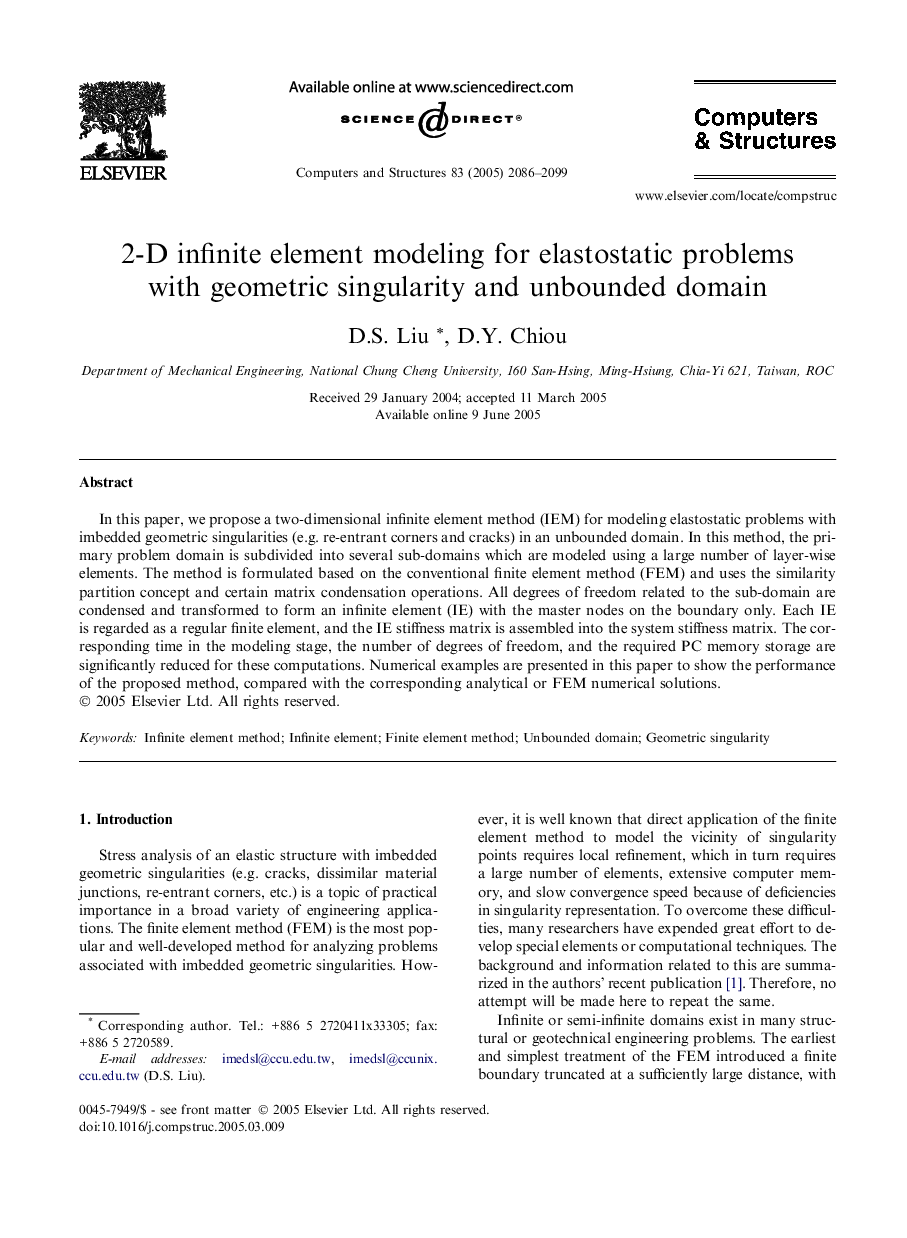 2-D infinite element modeling for elastostatic problems with geometric singularity and unbounded domain