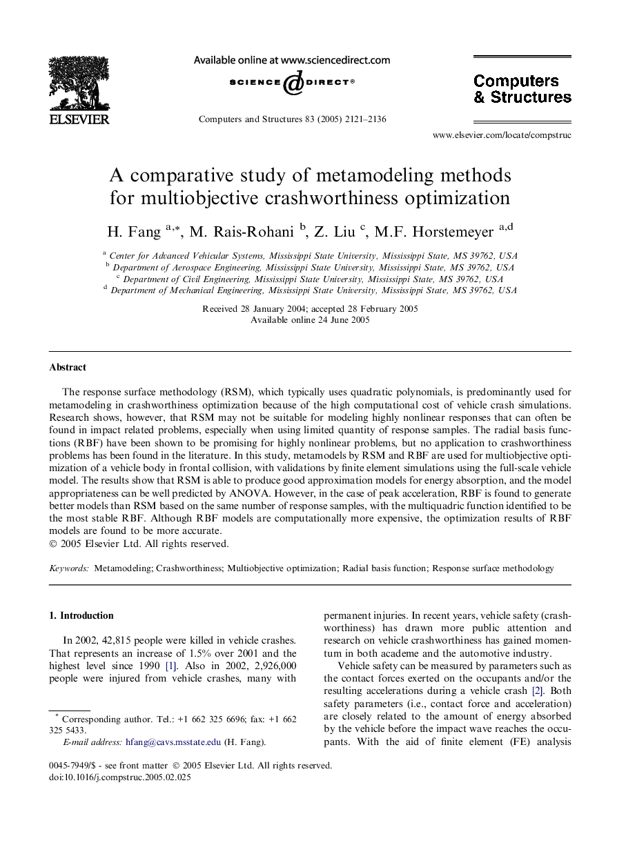 A comparative study of metamodeling methods for multiobjective crashworthiness optimization