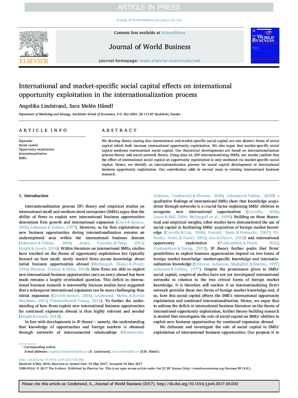 International and market-specific social capital effects on international opportunity exploitation in the internationalization process