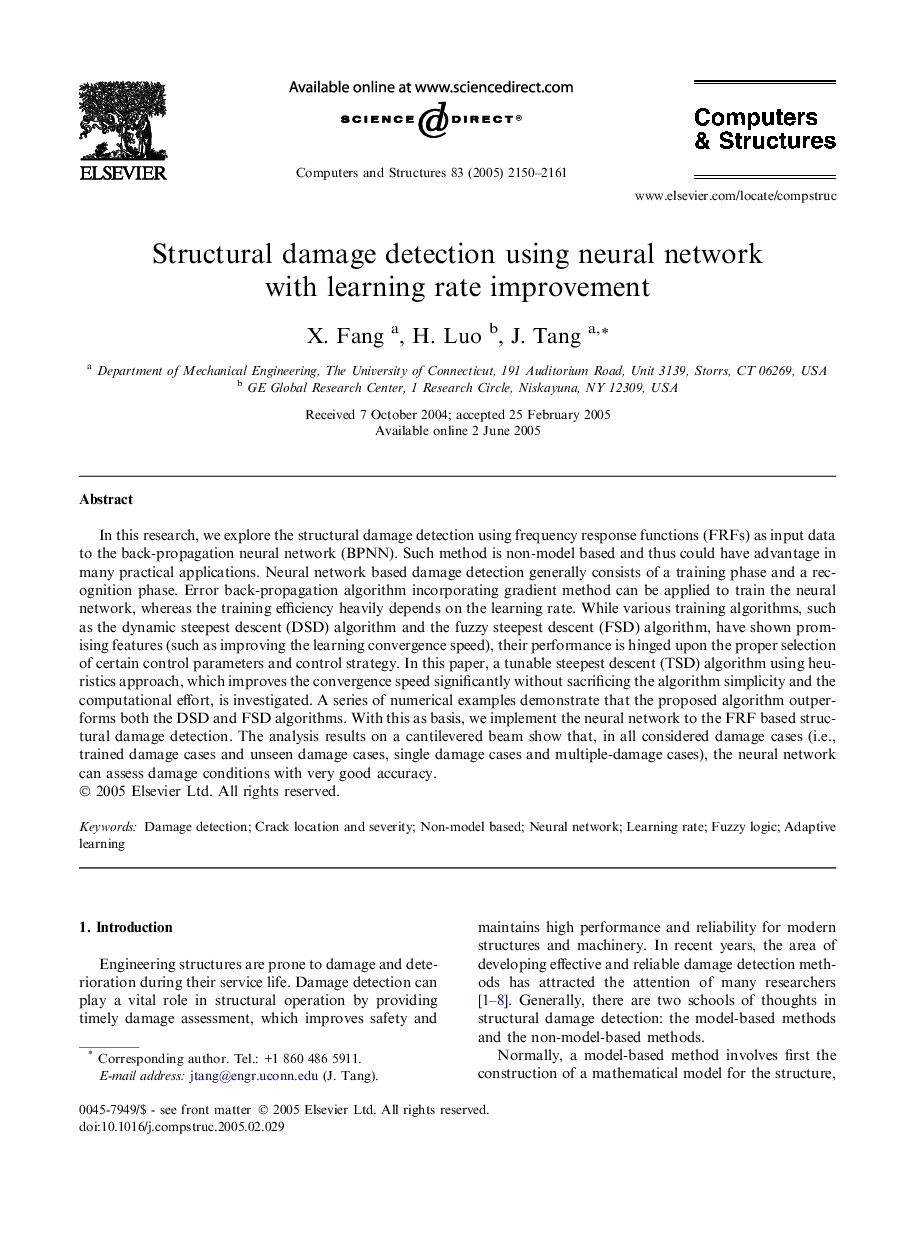 Structural damage detection using neural network with learning rate improvement
