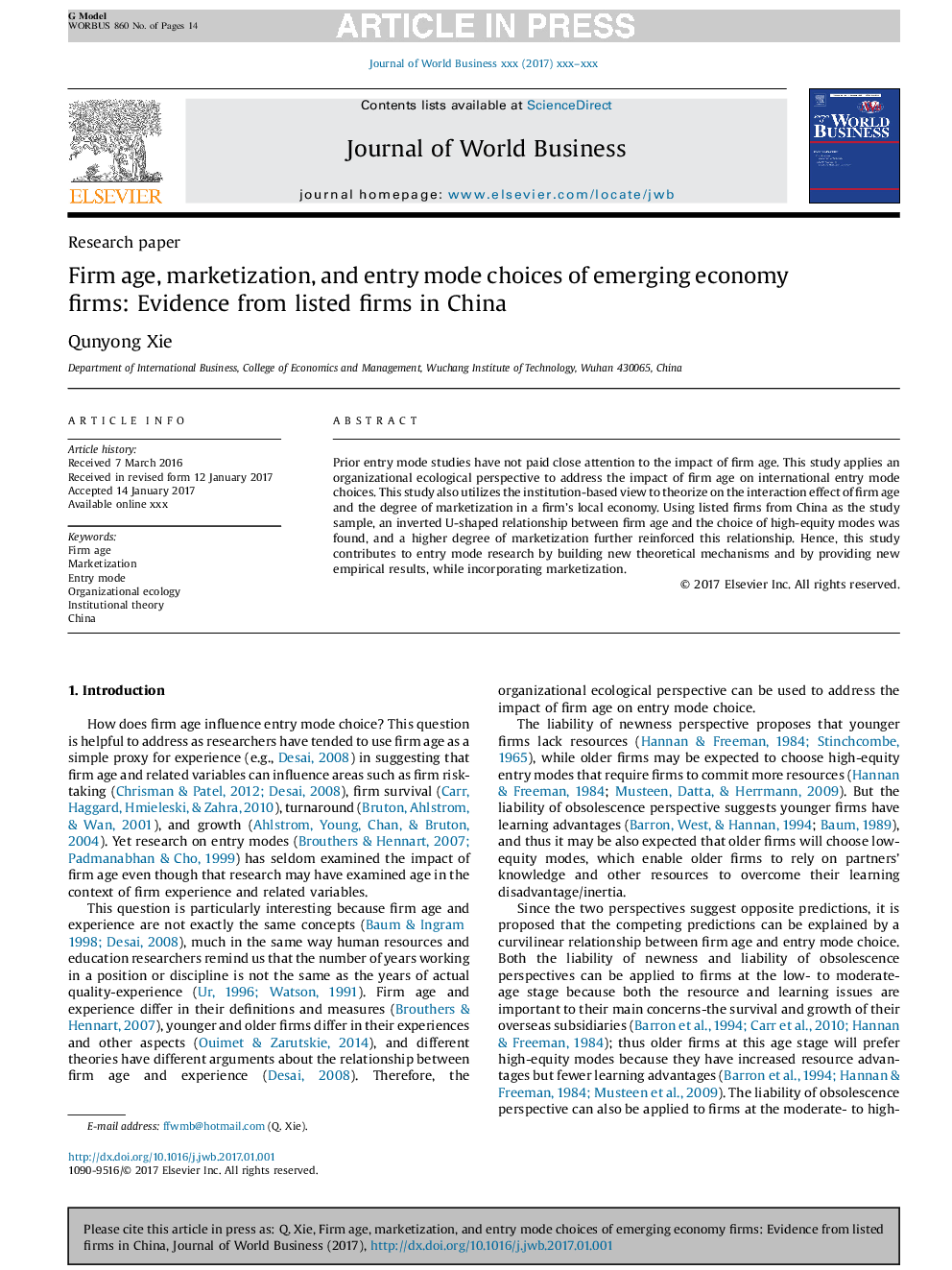 Firm age, marketization, and entry mode choices of emerging economy firms: Evidence from listed firms in China